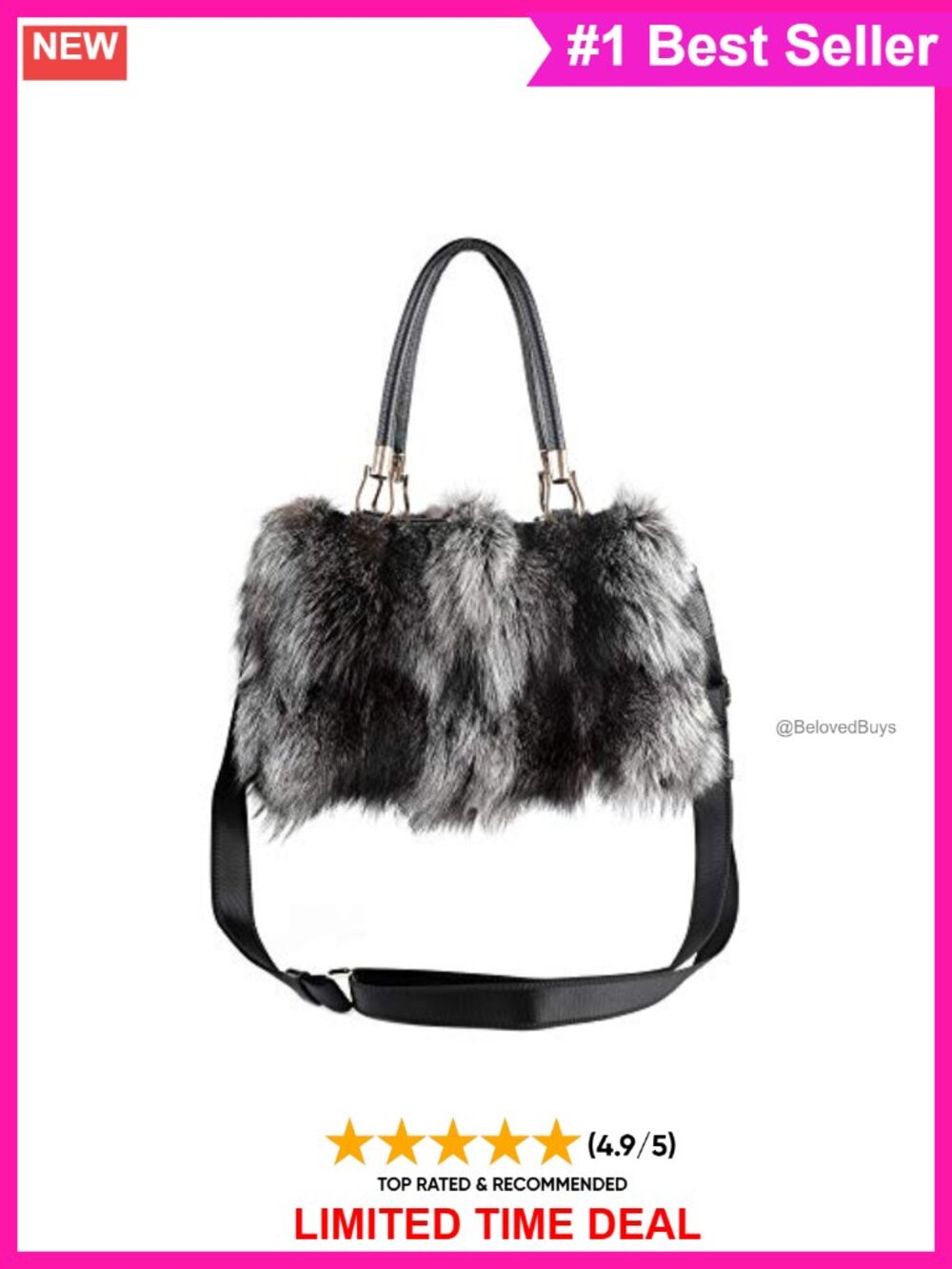 Real Fox Fur Tote Shoulder Bag Fuzzy Handbag with Leather Trim
